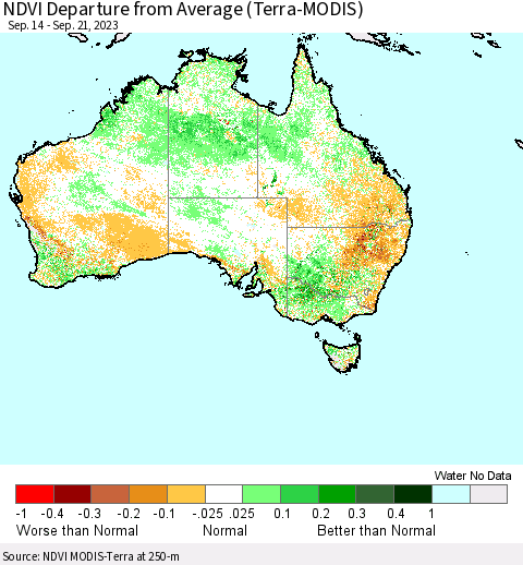 Australia NDVI Departure from Average (Terra-MODIS) Thematic Map For 9/14/2023 - 9/21/2023