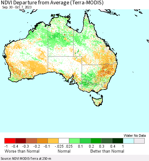 Australia NDVI Departure from Average (Terra-MODIS) Thematic Map For 9/30/2023 - 10/7/2023
