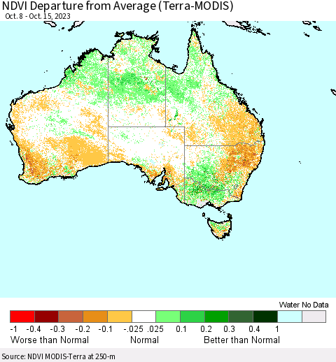 Australia NDVI Departure from Average (Terra-MODIS) Thematic Map For 10/8/2023 - 10/15/2023