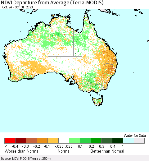 Australia NDVI Departure from Average (Terra-MODIS) Thematic Map For 10/24/2023 - 10/31/2023