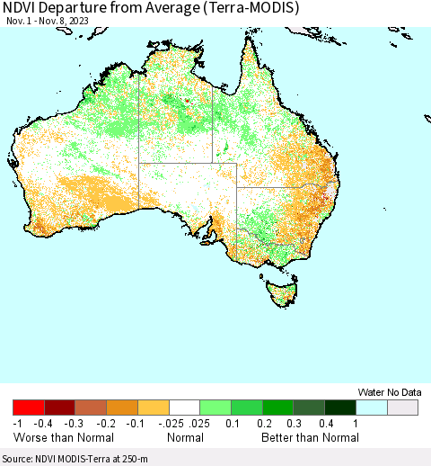 Australia NDVI Departure from Average (Terra-MODIS) Thematic Map For 11/1/2023 - 11/8/2023