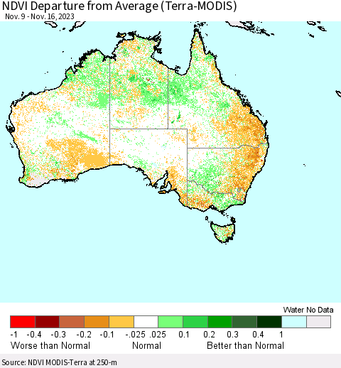 Australia NDVI Departure from Average (Terra-MODIS) Thematic Map For 11/9/2023 - 11/16/2023