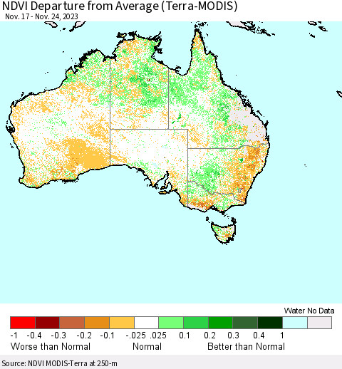 Australia NDVI Departure from Average (Terra-MODIS) Thematic Map For 11/17/2023 - 11/24/2023