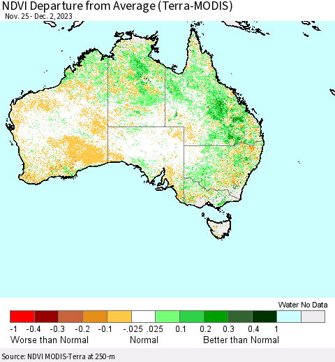 Australia NDVI Departure from Average (Terra-MODIS) Thematic Map For 11/25/2023 - 12/2/2023