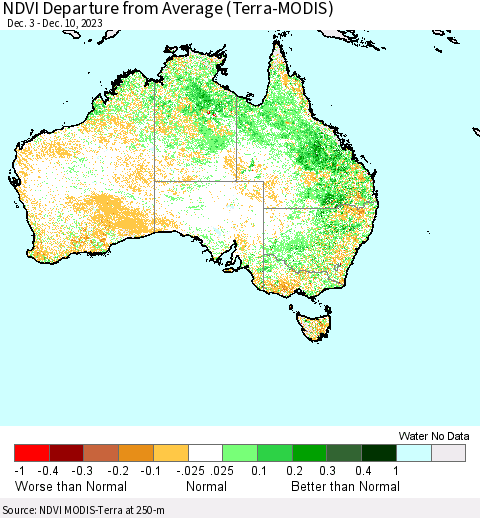 Australia NDVI Departure from Average (Terra-MODIS) Thematic Map For 12/3/2023 - 12/10/2023