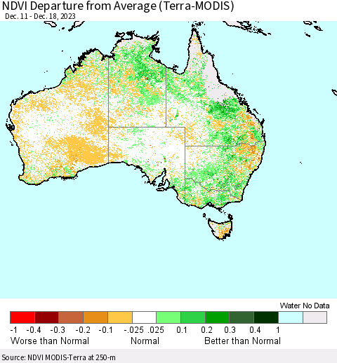 Australia NDVI Departure from Average (Terra-MODIS) Thematic Map For 12/11/2023 - 12/18/2023