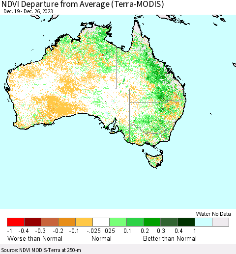 Australia NDVI Departure from Average (Terra-MODIS) Thematic Map For 12/19/2023 - 12/26/2023