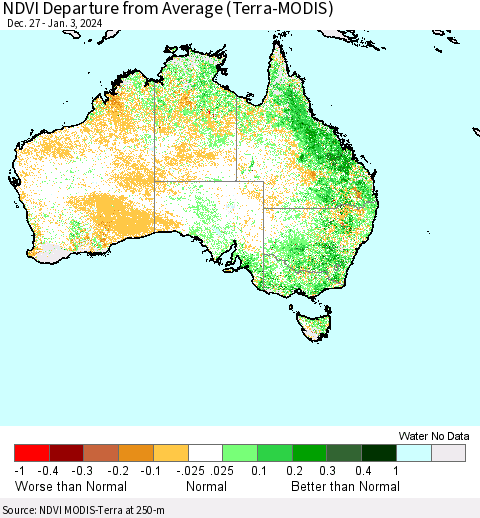 Australia NDVI Departure from Average (Terra-MODIS) Thematic Map For 12/27/2023 - 1/3/2024