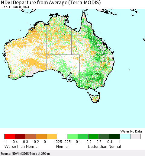 Australia NDVI Departure from Average (Terra-MODIS) Thematic Map For 1/1/2024 - 1/8/2024