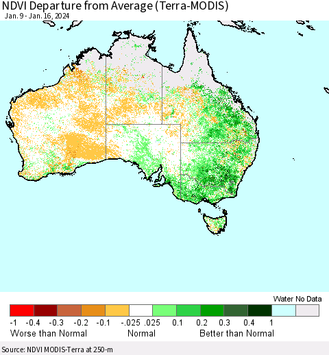 Australia NDVI Departure from Average (Terra-MODIS) Thematic Map For 1/9/2024 - 1/16/2024