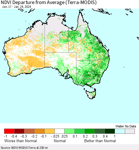 Australia NDVI Departure from Average (Terra-MODIS) Thematic Map For 1/17/2024 - 1/24/2024