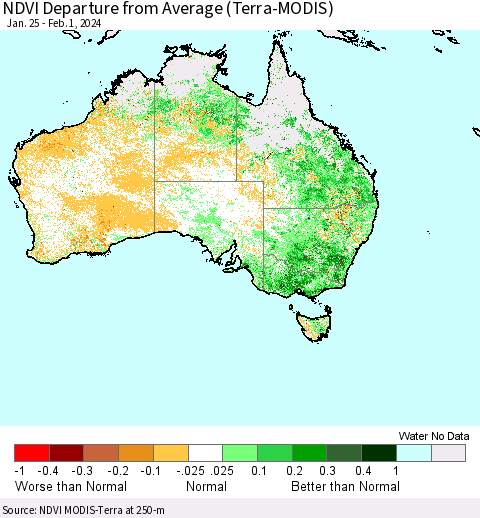 Australia NDVI Departure from Average (Terra-MODIS) Thematic Map For 1/25/2024 - 2/1/2024