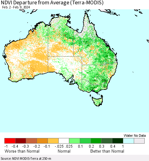 Australia NDVI Departure from Average (Terra-MODIS) Thematic Map For 2/2/2024 - 2/9/2024