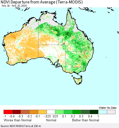 Australia NDVI Departure from Average (Terra-MODIS) Thematic Map For 2/18/2024 - 2/25/2024