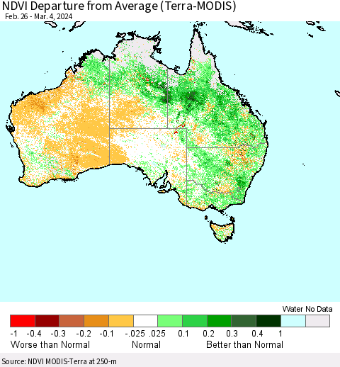 Australia NDVI Departure from Average (Terra-MODIS) Thematic Map For 2/26/2024 - 3/4/2024