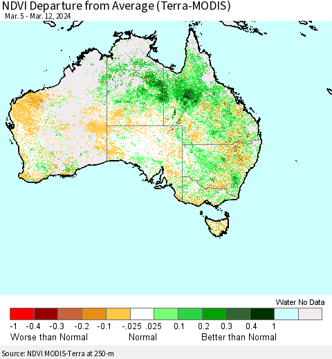 Australia NDVI Departure from Average (Terra-MODIS) Thematic Map For 3/5/2024 - 3/12/2024