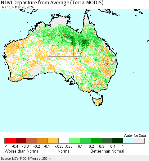 Australia NDVI Departure from Average (Terra-MODIS) Thematic Map For 3/13/2024 - 3/20/2024
