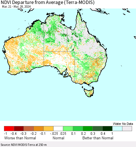 Australia NDVI Departure from Average (Terra-MODIS) Thematic Map For 3/21/2024 - 3/28/2024