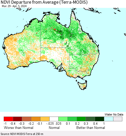 Australia NDVI Departure from Average (Terra-MODIS) Thematic Map For 3/29/2024 - 4/5/2024