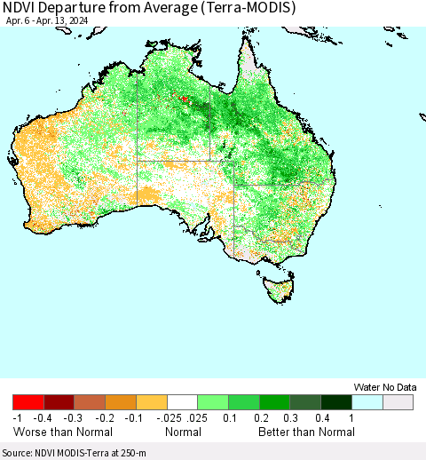 Australia NDVI Departure from Average (Terra-MODIS) Thematic Map For 4/6/2024 - 4/13/2024