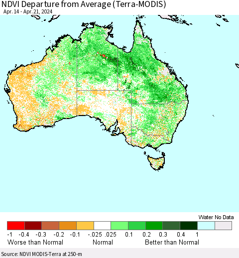 Australia NDVI Departure from Average (Terra-MODIS) Thematic Map For 4/14/2024 - 4/21/2024