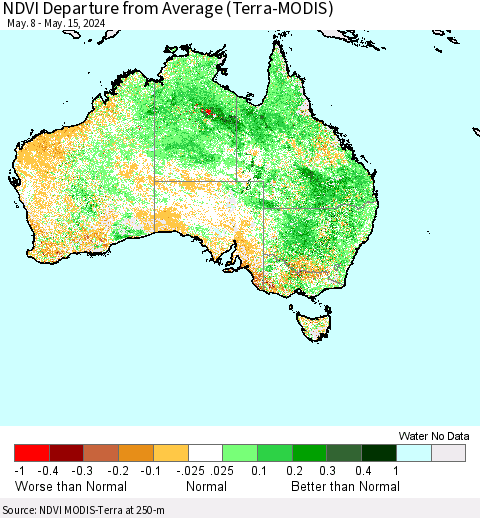 Australia NDVI Departure from Average (Terra-MODIS) Thematic Map For 5/8/2024 - 5/15/2024