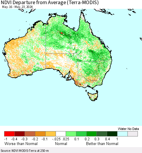 Australia NDVI Departure from Average (Terra-MODIS) Thematic Map For 5/16/2024 - 5/23/2024