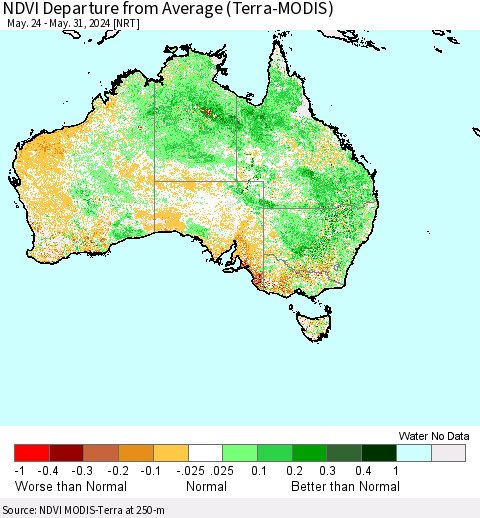Australia NDVI Departure from Average (Terra-MODIS) Thematic Map For 5/24/2024 - 5/31/2024