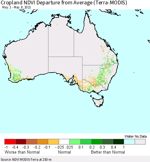 Australia Cropland NDVI Departure from Average (Terra-MODIS) Thematic Map For 5/1/2021 - 5/8/2021