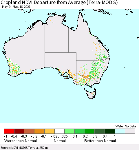 Australia Cropland NDVI Departure from Average (Terra-MODIS) Thematic Map For 5/9/2021 - 5/16/2021