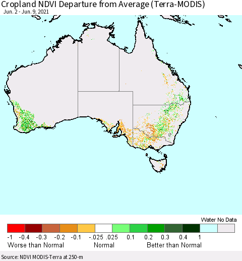 Australia Cropland NDVI Departure from Average (Terra-MODIS) Thematic Map For 6/2/2021 - 6/9/2021