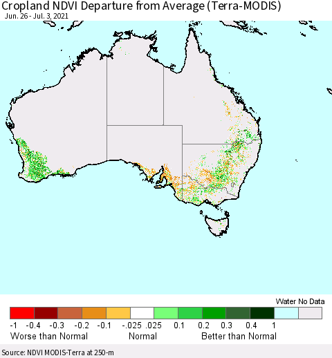 Australia Cropland NDVI Departure from Average (Terra-MODIS) Thematic Map For 6/26/2021 - 7/3/2021