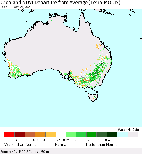 Australia Cropland NDVI Departure from Average (Terra-MODIS) Thematic Map For 10/16/2021 - 10/23/2021