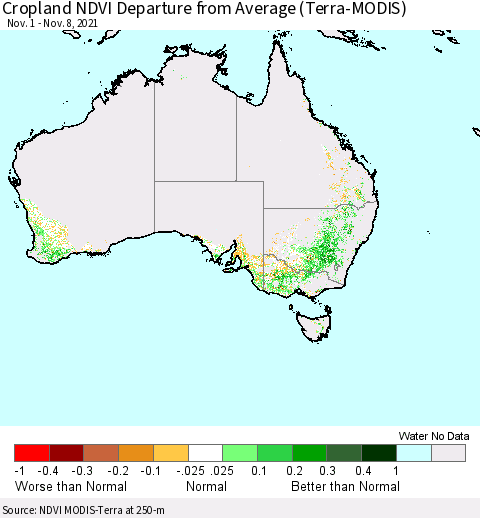 Australia Cropland NDVI Departure from Average (Terra-MODIS) Thematic Map For 11/1/2021 - 11/8/2021