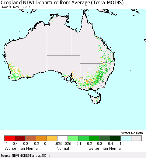 Australia Cropland NDVI Departure from Average (Terra-MODIS) Thematic Map For 11/9/2021 - 11/16/2021