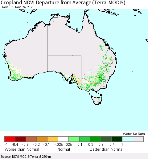 Australia Cropland NDVI Departure from Average (Terra-MODIS) Thematic Map For 11/17/2021 - 11/24/2021