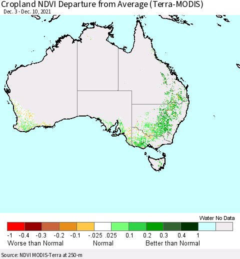 Australia Cropland NDVI Departure from Average (Terra-MODIS) Thematic Map For 12/3/2021 - 12/10/2021