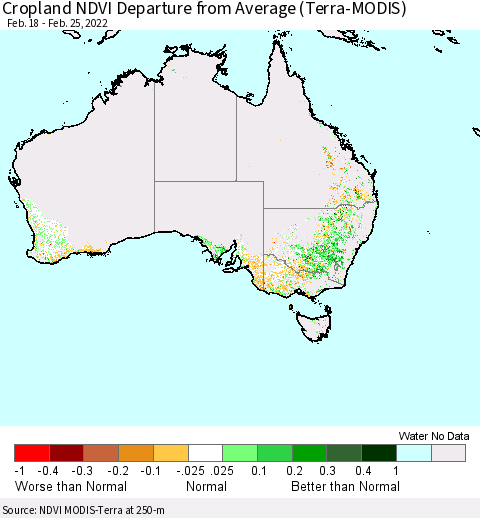 Australia Cropland NDVI Departure from Average (Terra-MODIS) Thematic Map For 2/18/2022 - 2/25/2022