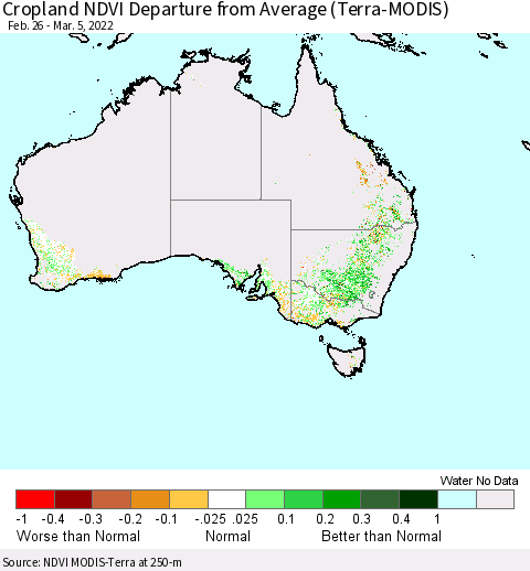 Australia Cropland NDVI Departure from Average (Terra-MODIS) Thematic Map For 2/26/2022 - 3/5/2022