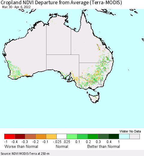 Australia Cropland NDVI Departure from Average (Terra-MODIS) Thematic Map For 3/30/2022 - 4/6/2022