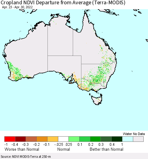 Australia Cropland NDVI Departure from Average (Terra-MODIS) Thematic Map For 4/23/2022 - 4/30/2022