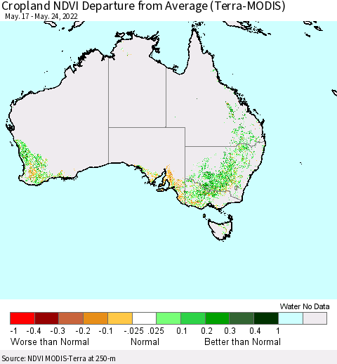 Australia Cropland NDVI Departure from Average (Terra-MODIS) Thematic Map For 5/17/2022 - 5/24/2022