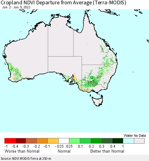 Australia Cropland NDVI Departure from Average (Terra-MODIS) Thematic Map For 6/2/2022 - 6/9/2022