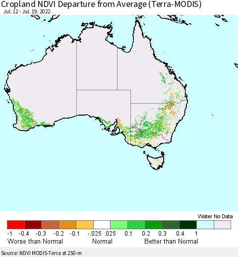 Australia Cropland NDVI Departure from Average (Terra-MODIS) Thematic Map For 7/12/2022 - 7/19/2022