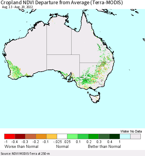 Australia Cropland NDVI Departure from Average (Terra-MODIS) Thematic Map For 8/13/2022 - 8/20/2022