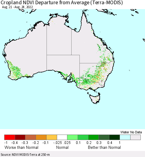 Australia Cropland NDVI Departure from Average (Terra-MODIS) Thematic Map For 8/21/2022 - 8/28/2022