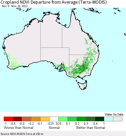 Australia Cropland NDVI Departure from Average (Terra-MODIS) Thematic Map For 11/9/2022 - 11/16/2022