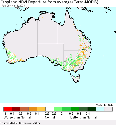 Australia Cropland NDVI Departure from Average (Terra-MODIS) Thematic Map For 2/26/2023 - 3/5/2023