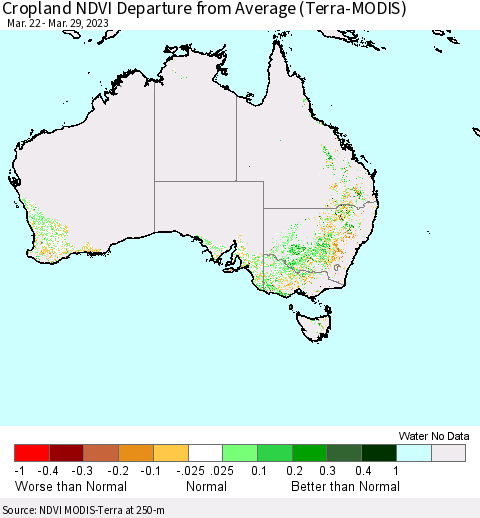 Australia Cropland NDVI Departure from Average (Terra-MODIS) Thematic Map For 3/22/2023 - 3/29/2023