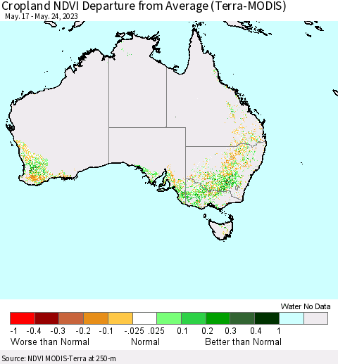 Australia Cropland NDVI Departure from Average (Terra-MODIS) Thematic Map For 5/17/2023 - 5/24/2023